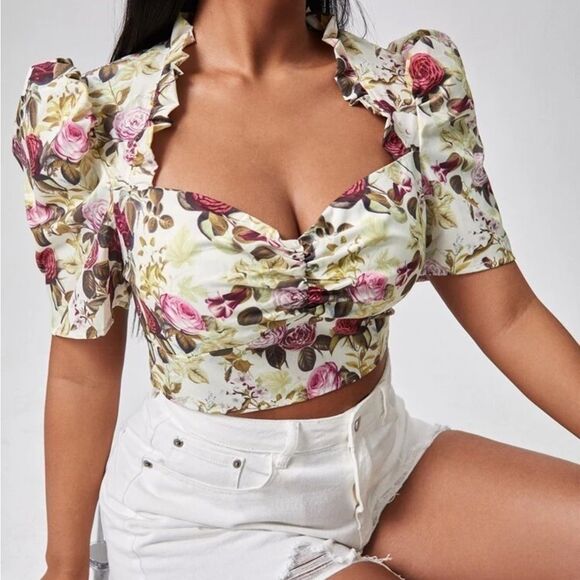 Shein Curve Vintage Flower Floral Zip up Puff sleeve Cropped Top Blouse XL - Picture 2 of 8